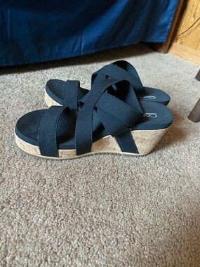 Black Cork Wedge Sandals - Comfort Strappy Slide